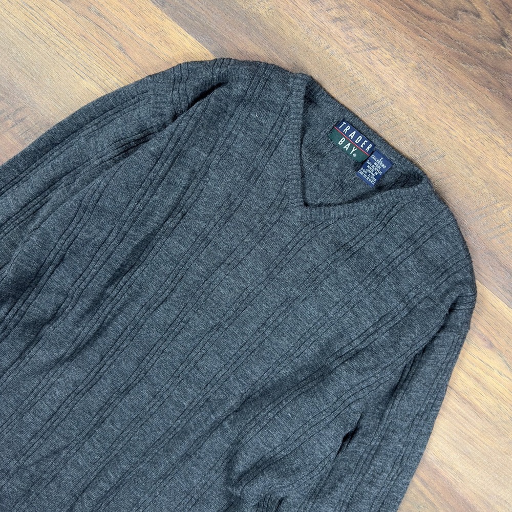 Trader Bay Mens Merino Wool Blend V-Neck Ribbed Sweater Charcoal Gray Large